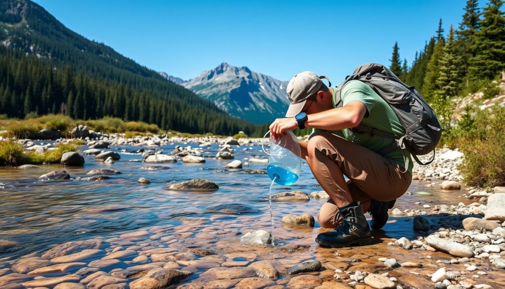 Hiker filling hydration bladder from mountain stream