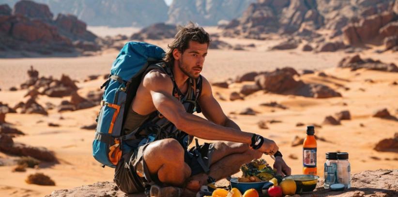 Hiker using hydration bladder in hot desert environment