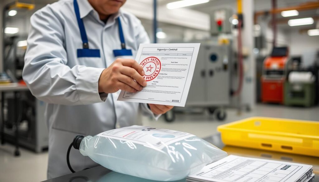 Hydration bladder passing final inspection with quality approval stamp