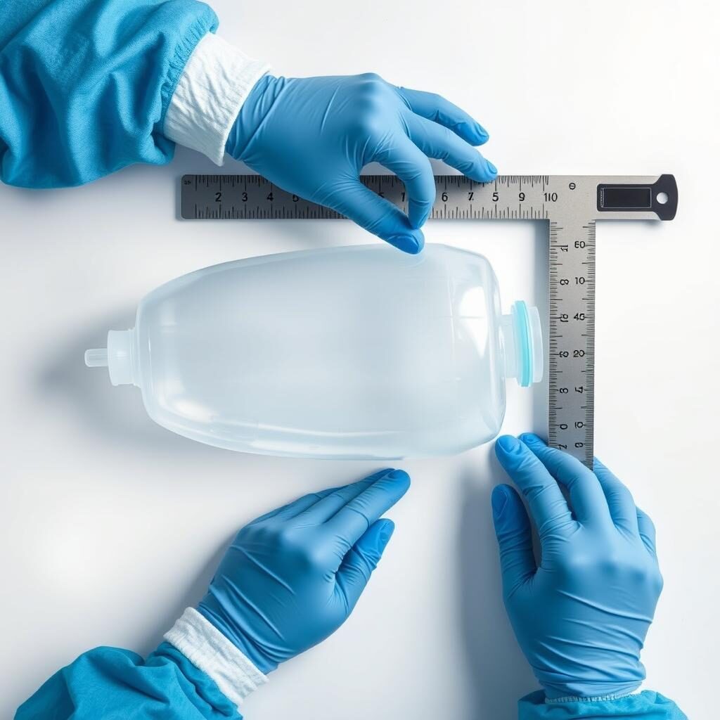 Quality control specialist measuring hydration bladder dimensions